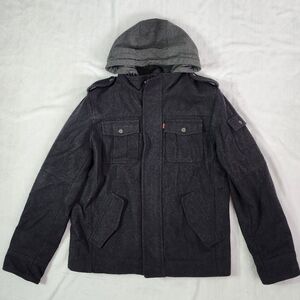 LEVI'S Men's Sz M Wool Blend Hooded Trucker Military Winter Jacket Charcoal Grey